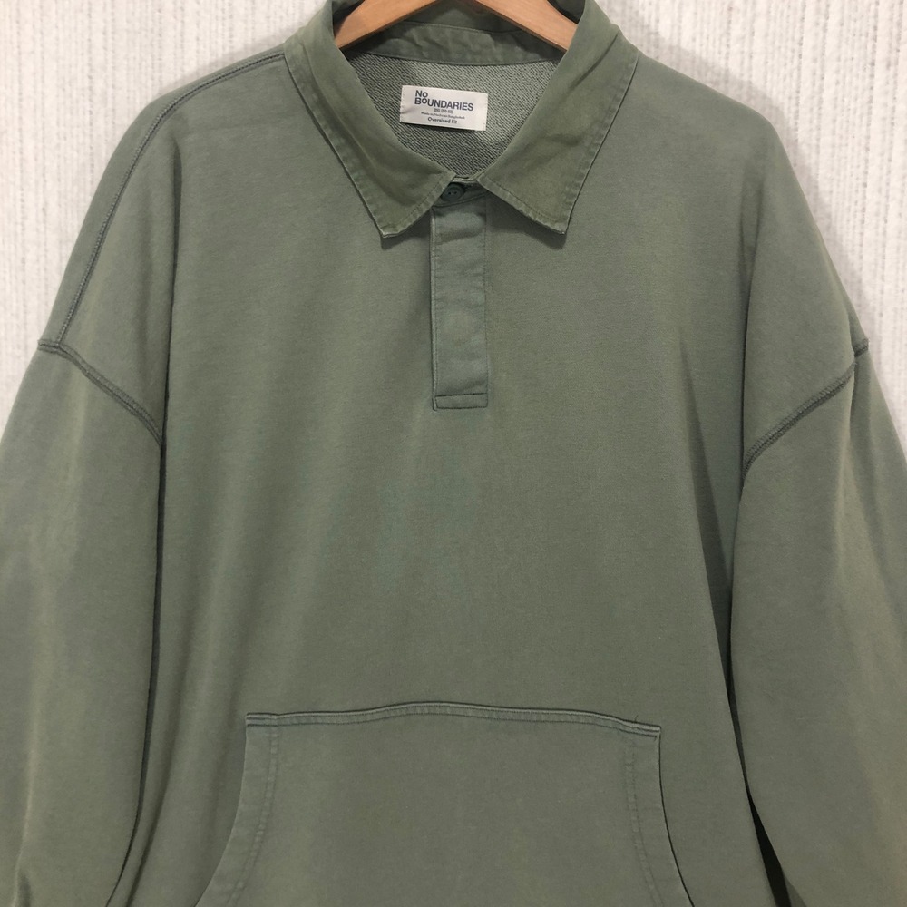 No Boundaries Mens 2XL Olive Green Oversized Polo Sweatshirt Kangaroo Pocket